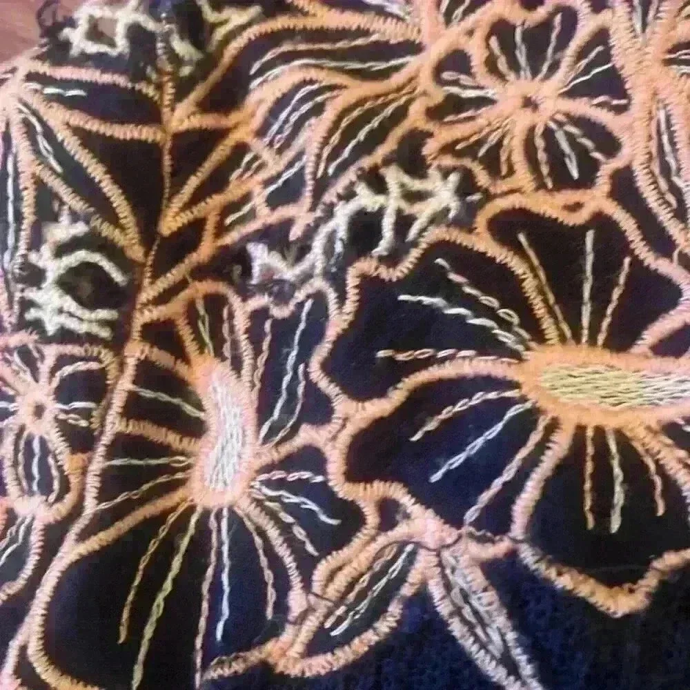 Free People Boho Black Gauze Thermal Embroidered Long Sleeve Top size XS